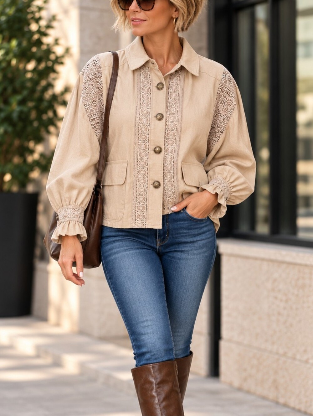 GIMMICKS Cream Lace Button Down Shacket.